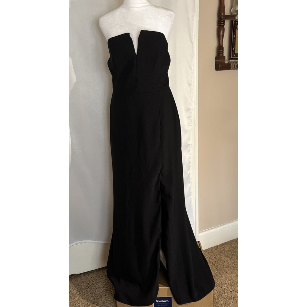 Strapless Black Formal Gown V-Notch Scuba Crepe Front Slit Lined 12 Cocktail